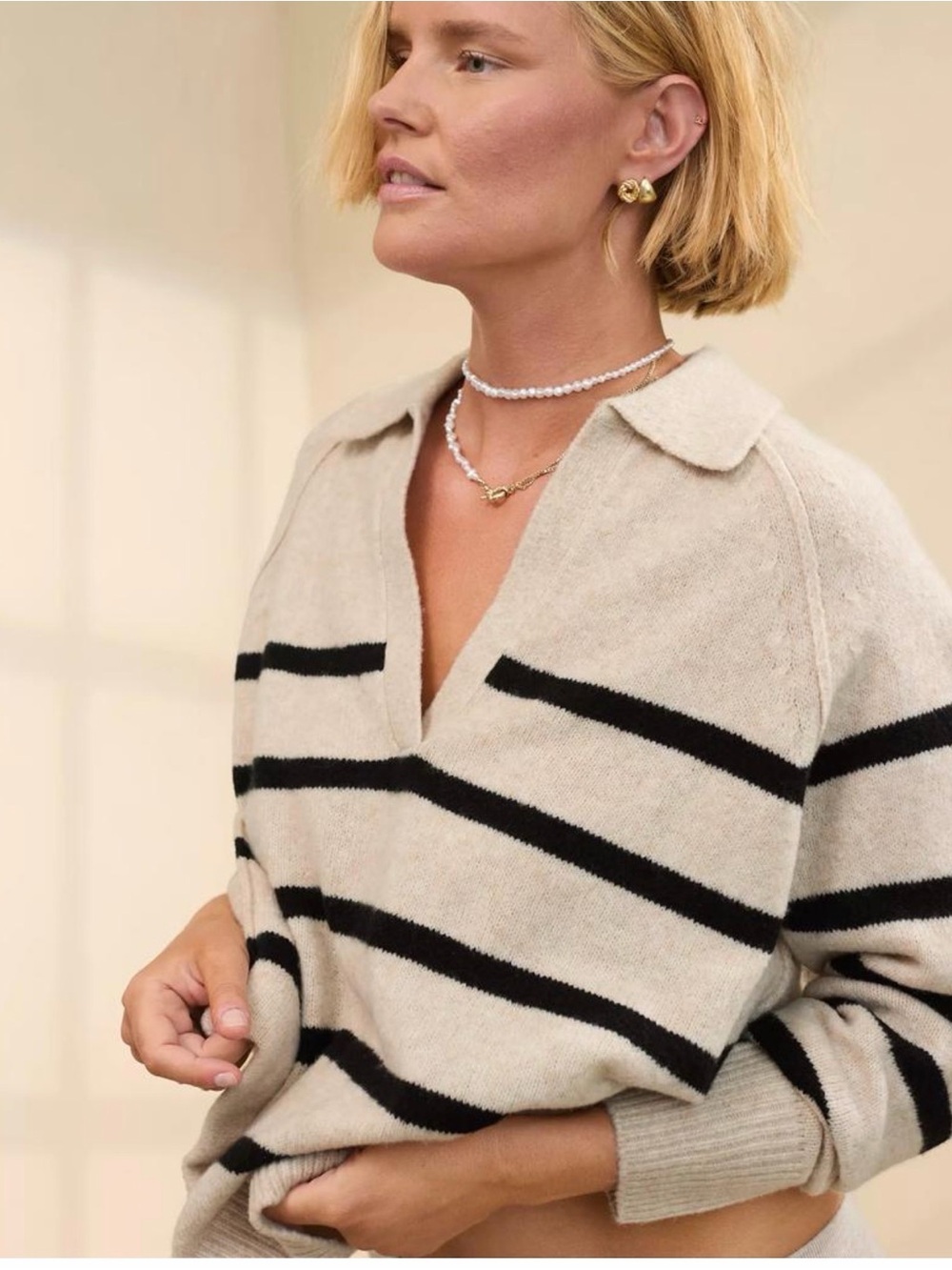 aerie Collared V-Neck Striped Pullover - Cream & Black